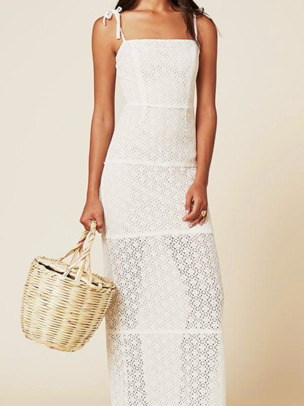 Reformation White Lace Tie-Strap Maxi Dress